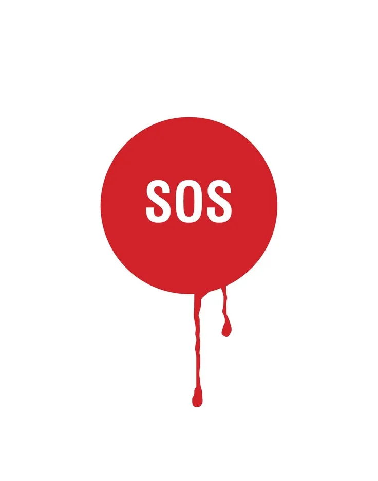 Grafik: roter Kreis mit weißer Aufschrift „SOS“, von dem rote Farbe herabtropft, auf weißem Hintergrund