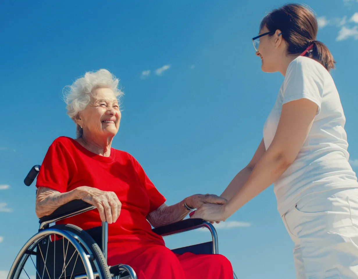 Junge Frau in Weiß hält die Hand einer lachenden Seniorin im Rollstuhl