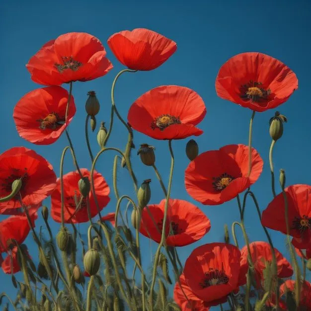 Rote Klatschmohnblüten mit Knospen auf langen Stielen vor tiefblauem Himmel
